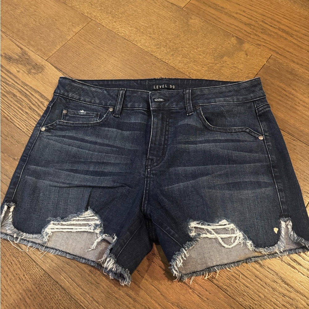 Level 99 Women's Distressed Stretch Denim Cutoff Shorts - Dark Blue